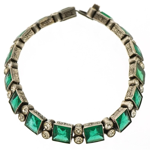 3171 - Vintage silver green and clear paste bracelet housed in a Goldsmiths & Silversmiths Company Regent S... 