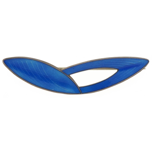 3302 - Norwegian 925S sterling silver blue guilloche enamel brooch, 6.2cm wide, 5.2g