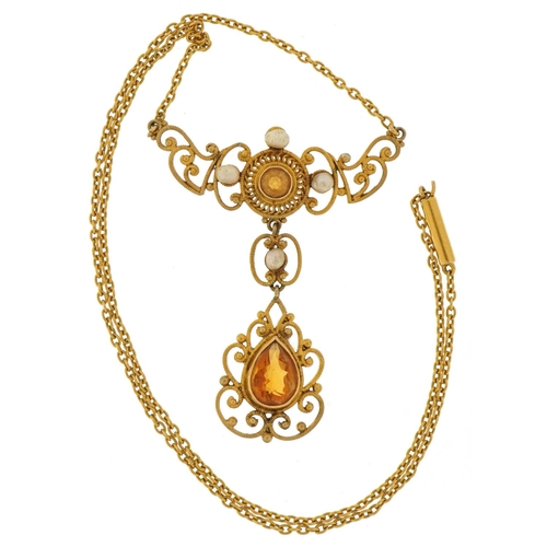 3084 - 14K filigree gold citrine and cultured pearl necklace, 38cm in length, 7.2g