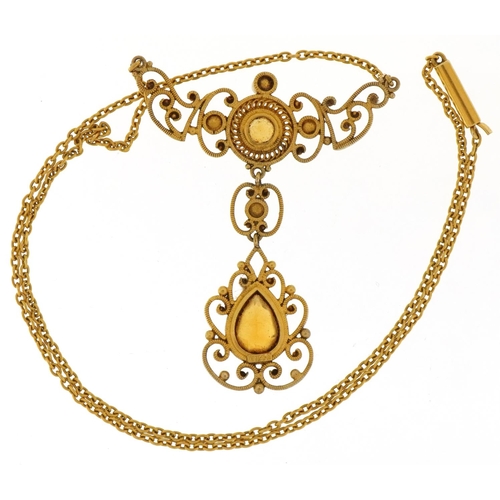 3084 - 14K filigree gold citrine and cultured pearl necklace, 38cm in length, 7.2g