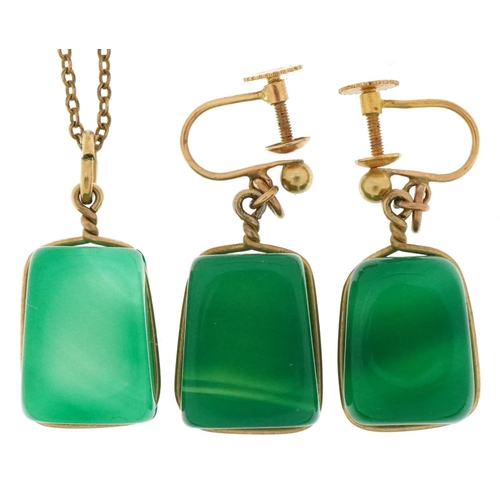 3269 - Pair of 9ct gold green stone drop earrings with screw backs and a matching pendant on a yellow metal... 