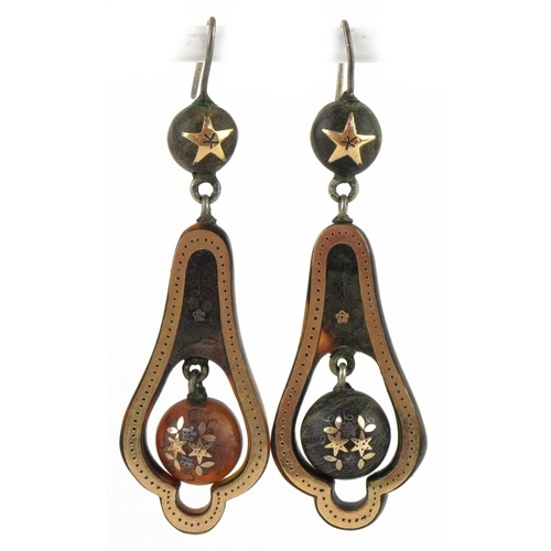 3203 - Pair of Victorian gold and tortoiseshell pique ware drop earrings, each 5cm high, total 4.7g