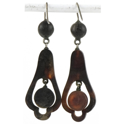 3203 - Pair of Victorian gold and tortoiseshell pique ware drop earrings, each 5cm high, total 4.7g