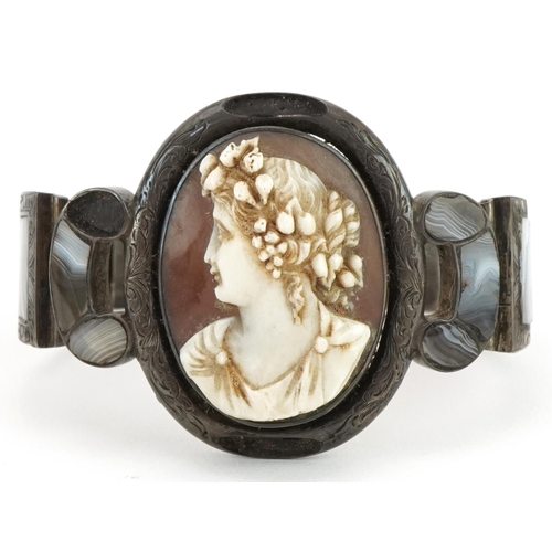 3216 - Victorian unmarked silver cameo, shell and Scottish agate bracelet carved with a maiden head, 37.0g