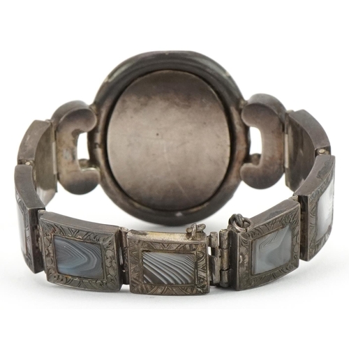 3216 - Victorian unmarked silver cameo, shell and Scottish agate bracelet carved with a maiden head, 37.0g