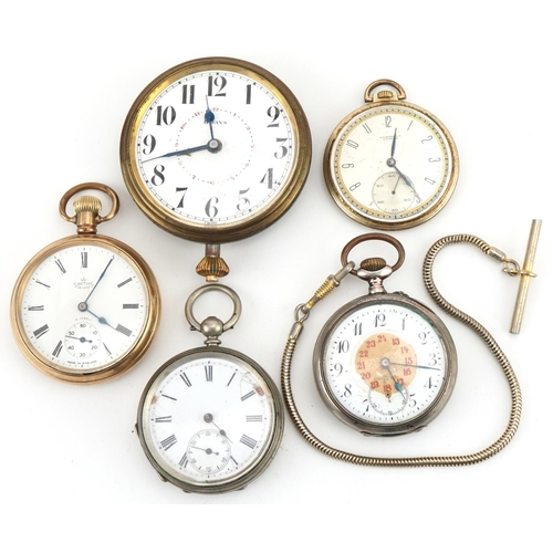 3549 - Four gentlemen's open face pocket watches, one silver and an eight day travel pocket watch, the larg... 