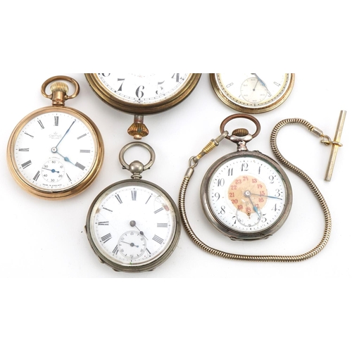 3549 - Four gentlemen's open face pocket watches, one silver and an eight day travel pocket watch, the larg... 