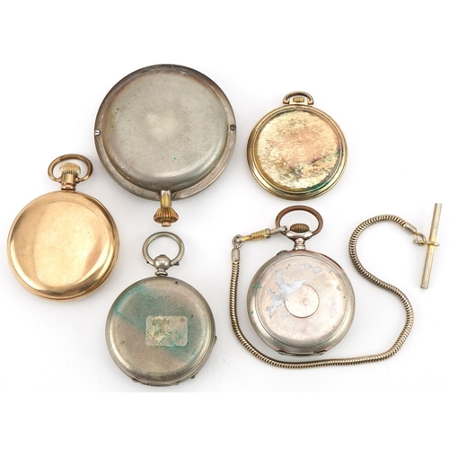 3549 - Four gentlemen's open face pocket watches, one silver and an eight day travel pocket watch, the larg... 