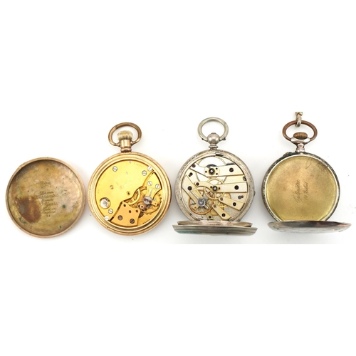 3549 - Four gentlemen's open face pocket watches, one silver and an eight day travel pocket watch, the larg... 