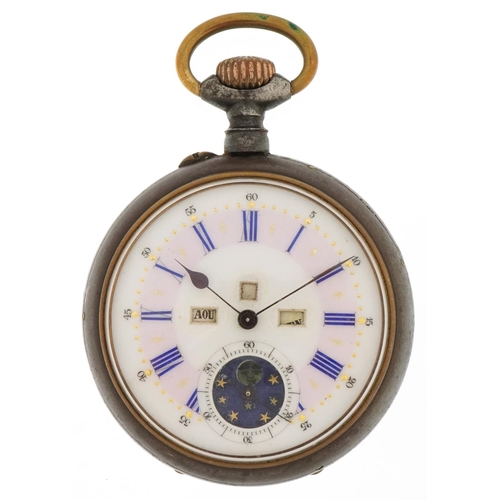 3237 - Gentlemen's gun metal open face keyless pocket watch having enamelled and moon phase dial with day/d... 