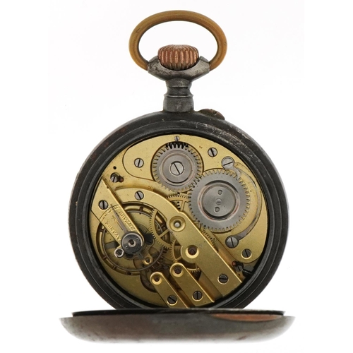 3237 - Gentlemen's gun metal open face keyless pocket watch having enamelled and moon phase dial with day/d... 