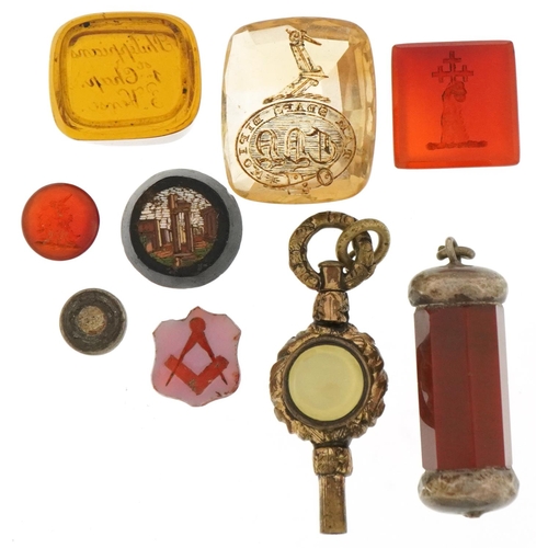 3479 - Collection of antique hardstone intaglio seals, micro mosaic panel and yellow metal watch key, the l... 