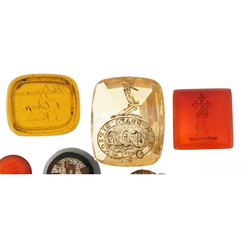 3479 - Collection of antique hardstone intaglio seals, micro mosaic panel and yellow metal watch key, the l... 