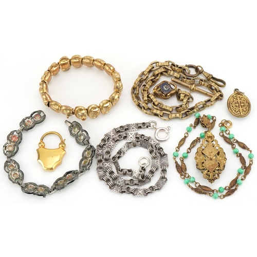 3528 - Antique and later jewellery including a cat's eye design bracelet and a Victorian yellow metal watch... 