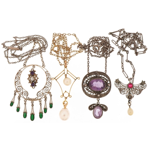 3421 - Four antique and later yellow and white metal necklaces including a silver and amethyst example