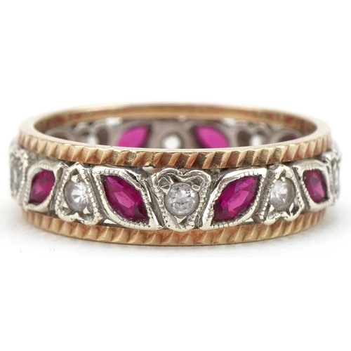 3155 - 9ct gold ruby and white spinel eternity ring, size Q/R, 4.2g