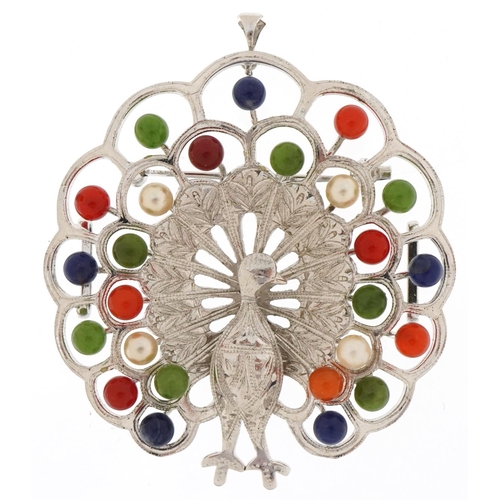 3373 - Sterling silver multi gem brooch/pendant/buckle in the form of a peacock, 5cm in diameter, 16.2g