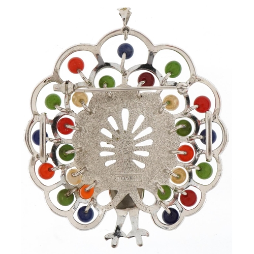 3373 - Sterling silver multi gem brooch/pendant/buckle in the form of a peacock, 5cm in diameter, 16.2g