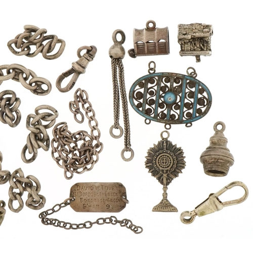 3461 - Silver and white metal jewellery including broken chains, charms and a Marius Hammer blue enamel pen... 