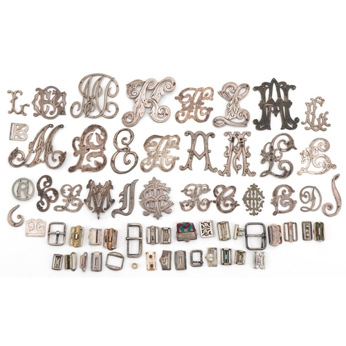 3535 - Large collection of mostly silver monogram letters and white metal buckles, the largest 4.5cm high, ... 