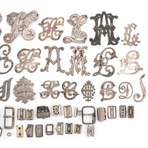 3535 - Large collection of mostly silver monogram letters and white metal buckles, the largest 4.5cm high, ... 