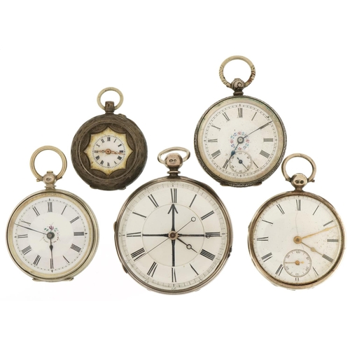 3534 - Five Victorian and later silver open face pocket watches, the largest 50mm in diameter