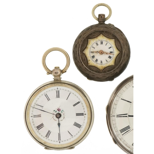 3534 - Five Victorian and later silver open face pocket watches, the largest 50mm in diameter