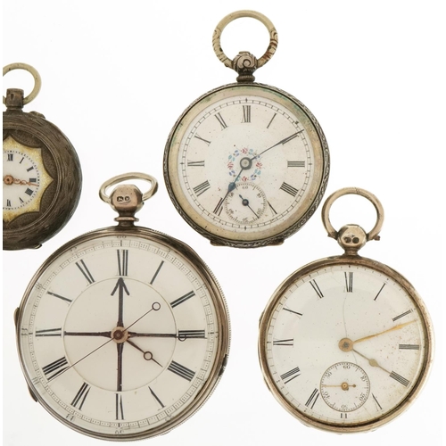 3534 - Five Victorian and later silver open face pocket watches, the largest 50mm in diameter