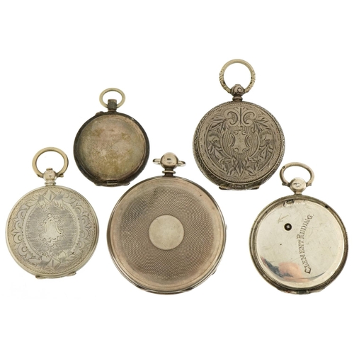 3534 - Five Victorian and later silver open face pocket watches, the largest 50mm in diameter