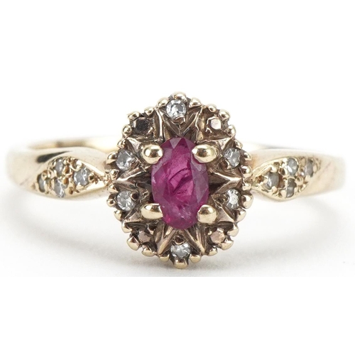 3156 - 9ct gold ruby and diamond cluster ring with diamond set shoulders, size P, 3.0g