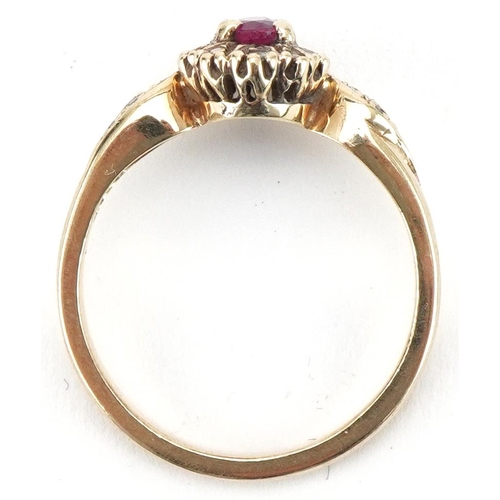 3156 - 9ct gold ruby and diamond cluster ring with diamond set shoulders, size P, 3.0g