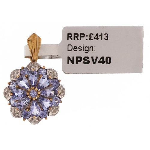 3110 - 9ct gold tanzanite and diamond flower head pendant, 1.7cm in diameter, 2.5g