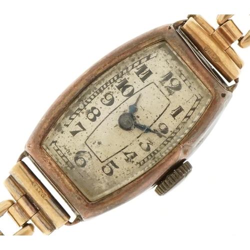 3321 - Art Deco 9ct gold ladies wristwatch with 9ct gold strap, the case 14mm wide, weighable 9ct gold 8.8g