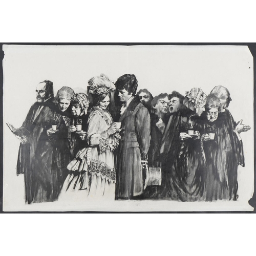 2268 - Len Thurston - A courting couple with a crowded scene of people, charcoal on paper, unframed, 76cm x... 