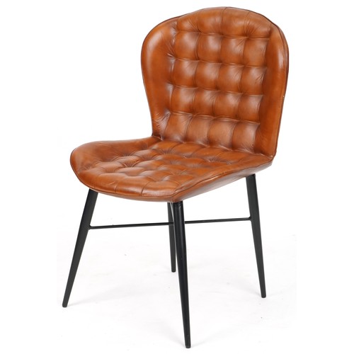 710 - Modern buttoned tan brown leather chair on black painted legs, 90cm H x 58cm W x 55cm D