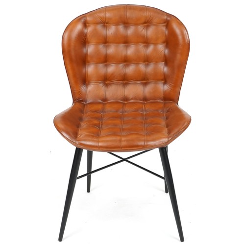 710 - Modern buttoned tan brown leather chair on black painted legs, 90cm H x 58cm W x 55cm D