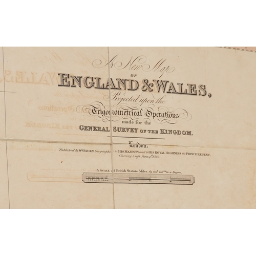 2500 - Coloured folding map of England & Wales published by W Faden 1818, housed in a cardboard case, 127cm... 