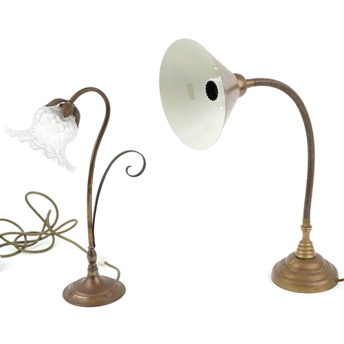 2255 - Two vintage brass table lamps, one with frilled glass shade, the largest 44cm high