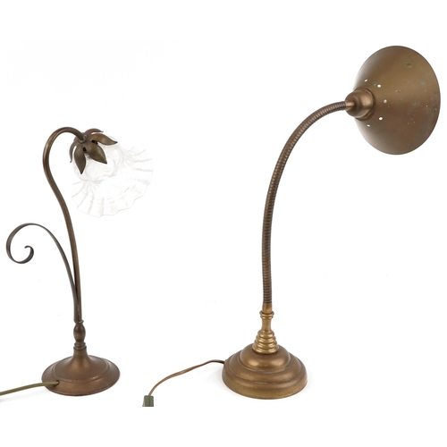 2255 - Two vintage brass table lamps, one with frilled glass shade, the largest 44cm high