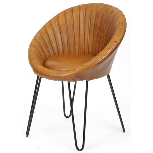 705 - Modern tan brown leather shell back chair on pin legs,  74cm H x 60cm W x 50cm