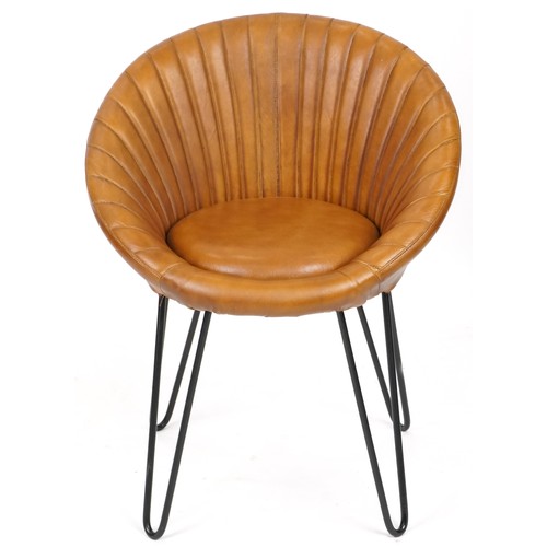 705 - Modern tan brown leather shell back chair on pin legs,  74cm H x 60cm W x 50cm