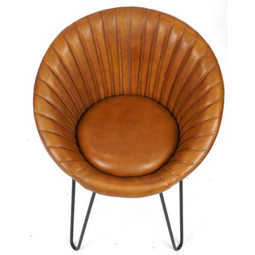 705 - Modern tan brown leather shell back chair on pin legs,  74cm H x 60cm W x 50cm