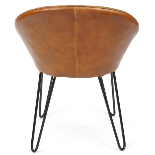 705 - Modern tan brown leather shell back chair on pin legs,  74cm H x 60cm W x 50cm