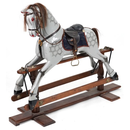 2312A - Late 20th century grey rocking horse on mahogany stand, 126cm H x 160cm W x 55cm D