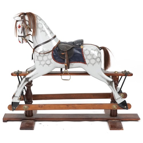 2312A - Late 20th century grey rocking horse on mahogany stand, 126cm H x 160cm W x 55cm D