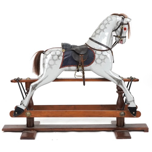 2312A - Late 20th century grey rocking horse on mahogany stand, 126cm H x 160cm W x 55cm D