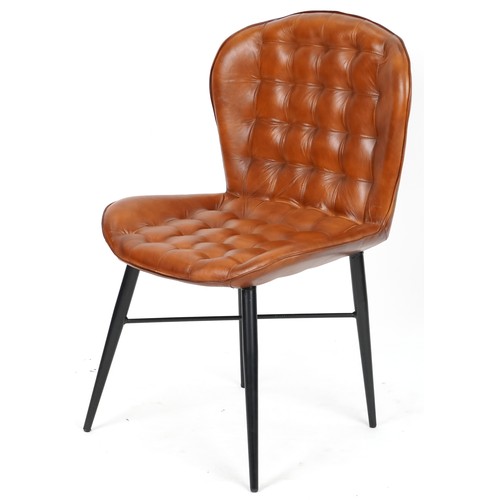 709 - Modern buttoned tan brown leather chair on black painted legs, 90cm H x 58cm W x 54cm D