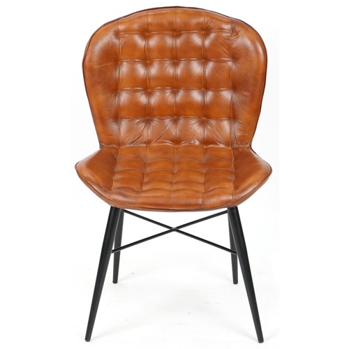 709 - Modern buttoned tan brown leather chair on black painted legs, 90cm H x 58cm W x 54cm D