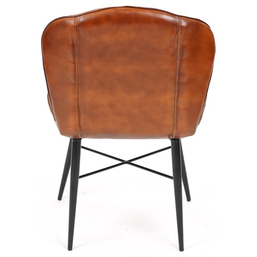 709 - Modern buttoned tan brown leather chair on black painted legs, 90cm H x 58cm W x 54cm D