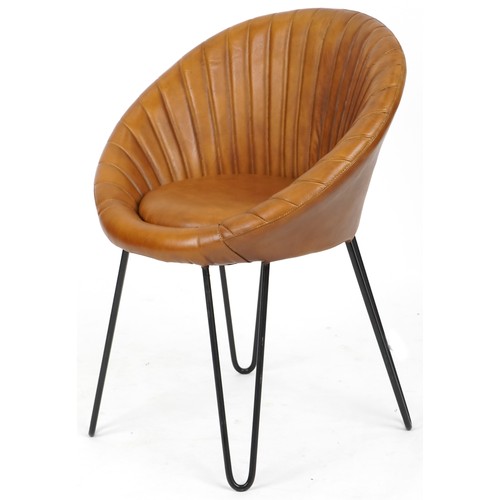 704 - Modern tan brown leather shell back chair on pin legs, 74cm H x 60cm W x 50cm